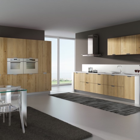 Cucina Anni 20 Legno vecchio con piano in Quarzo. Tavolo con piano in vetro e sedie in Polipropilene 