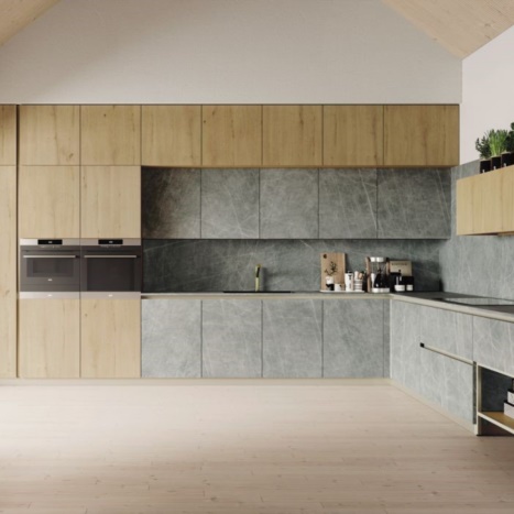 cucina con parti in rovere spaccato naturale e gres zaha stone 