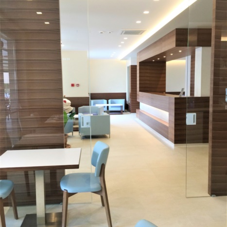 Reception Hotel Cristina in Noce Canaletto con particolari in vetro 